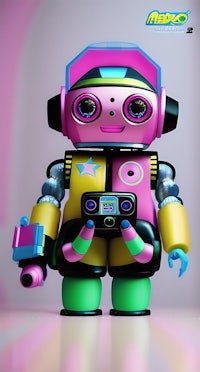 a toy robot in pink and green with a gun