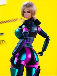 a girl in a pink and purple outfit is posing in front of a yellow background