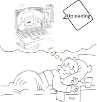 a cartoon of a man sleeping on a bed with a laptop