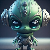 a green alien doll with blue eyes