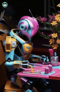 a robot sitting at a table with flowers