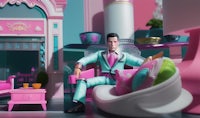 a doll in a pink suit sits in a pink living room