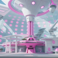 a pink futuristic building with a lot of lights