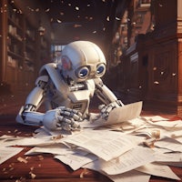 a robot is sitting on top of a pile of papers