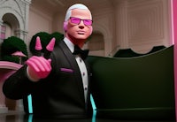 a statue of a man in a tuxedo holding a peace sign