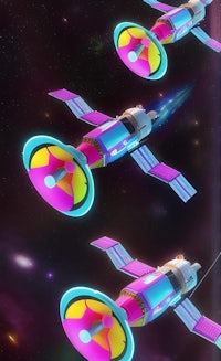a group of colorful spaceships flying in space