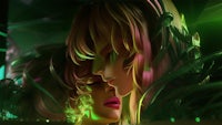 a woman is kissing another woman in a green light