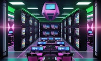 a futuristic computer room with neon lights