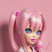 a doll with pink hair and blue eyes is holding a pink ball