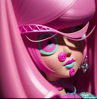 a close up of a doll with pink hair and blue eyes