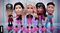 a group of pink dolls standing next to each other