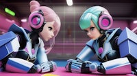 two robots sitting next to each other on a pink table