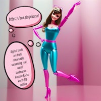 a barbie doll in pink and blue with a speech bubble