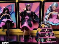 three barbie dolls are standing next to each other