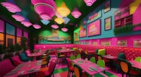 a brightly colored restaurant with tables and chairs