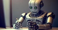 a robot sitting at a desk writing a letter