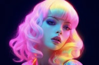 a woman with brightly colored hair posing in front of a dark background