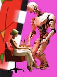 a woman sitting at a table next to a robot