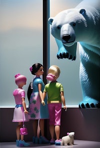 a group of children are looking at a polar bear in a window