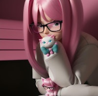 a girl with pink hair and glasses is holding a cat