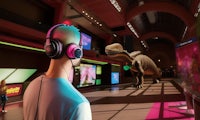 a man in headphones is looking at a dinosaur in a museum