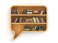 a wooden book shelf with a speech bubble on it
