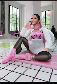 a 3d image of a woman in pink sitting on a floor