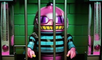 a pink figure in a jail cell