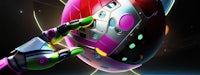a pink and purple spaceship with a hand reaching out to it