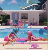 a group of barbie dolls sitting around a pool