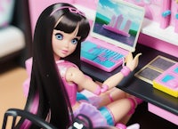 a barbie doll sitting at a desk with a laptop