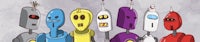 a group of cartoon robots standing in a row