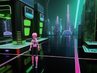 a girl is standing in a futuristic city