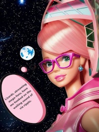 a pink barbie with glasses and a speech bubble