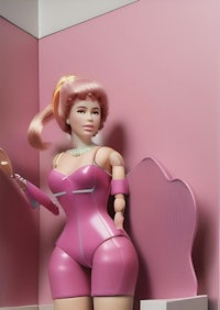 a pink doll is sitting in a pink room