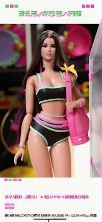 a barbie doll in a pink bikini holding a bag