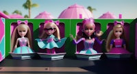 a group of barbie dolls in a pink box
