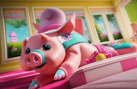 a pink pig laying on a bed in a bedroom