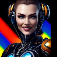 a woman in a futuristic outfit is smiling at the camera