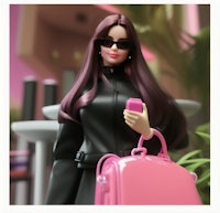 a barbie doll wearing a black jacket and carrying a pink purse